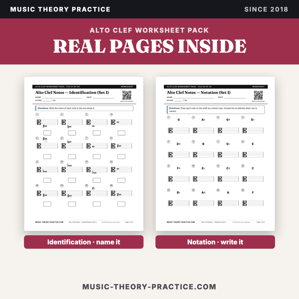 Alto Clef Worksheet Pack — sample pages