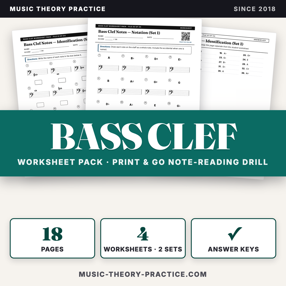 Bass Clef Worksheet Pack — printable PDF preview