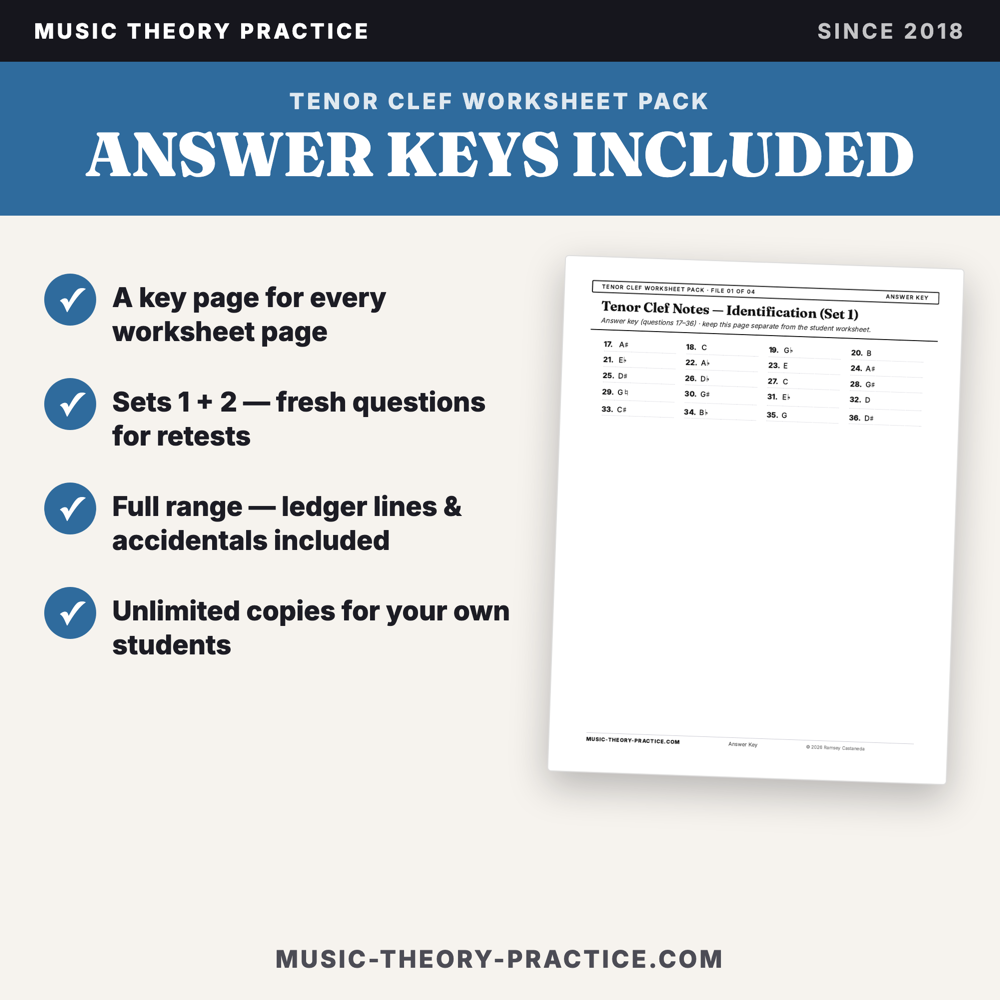 Tenor Clef Worksheet Pack — answer keys