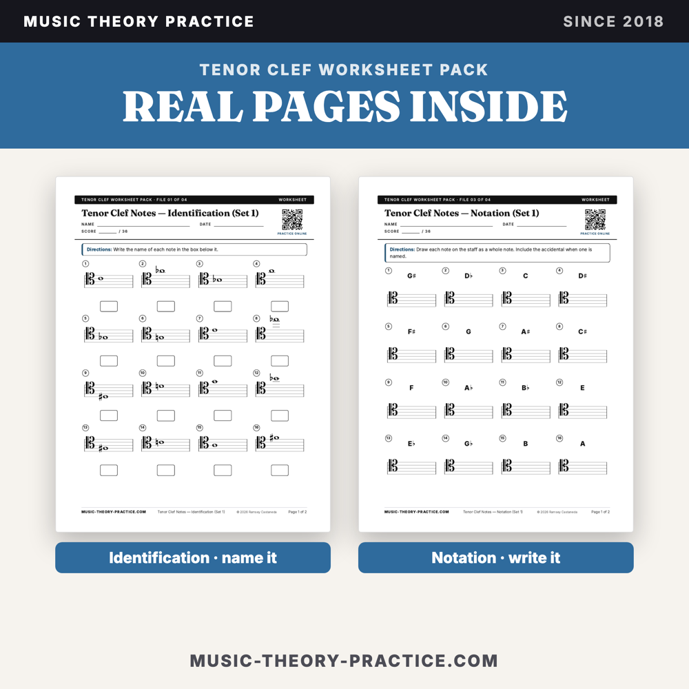 Tenor Clef Worksheet Pack — sample pages