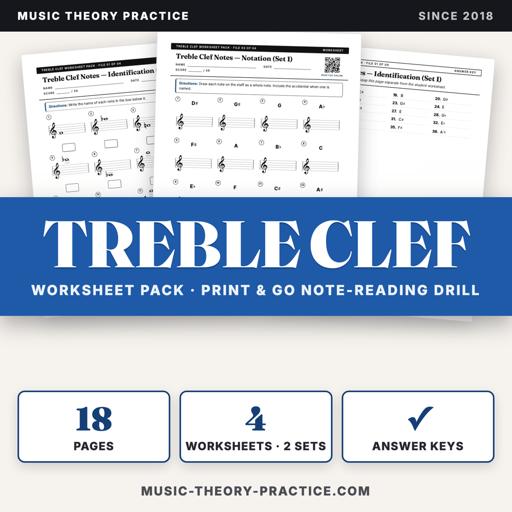 Treble Clef Worksheet Pack — printable PDF preview